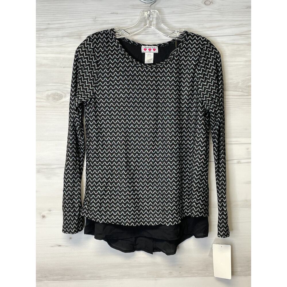 Three Pink Hearts Top XS Womens Black Silver Long Sleeve‎ Lined Blouse
